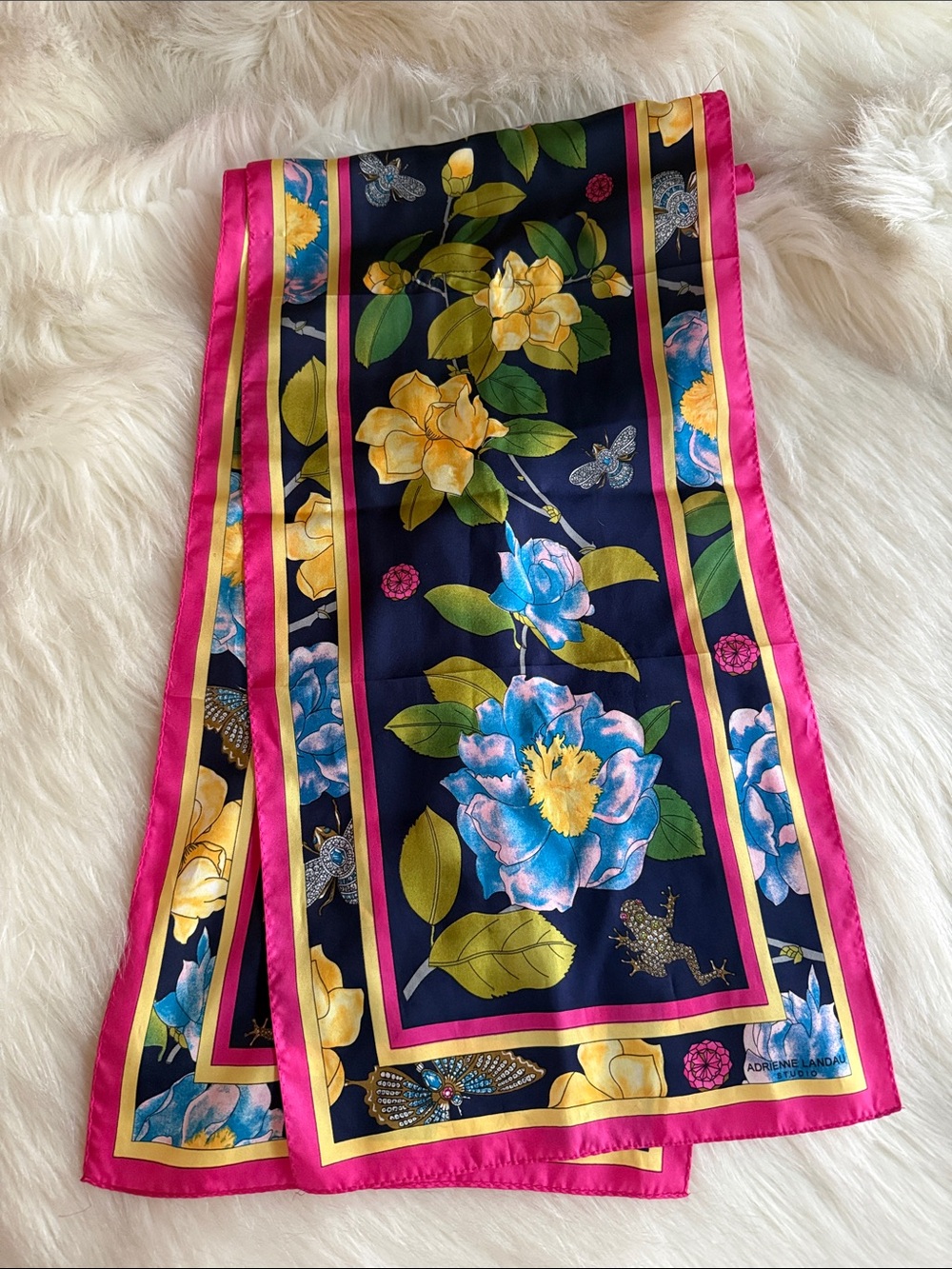 Vintage Adrienne Landau Navy Floral Silk Scarf with Pink & Yellow Accents